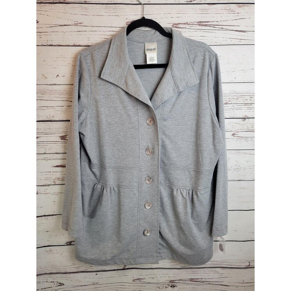 Vtg Bedford Fair‎ Gray Big Button Pockets Long Sleeve Top Women's Size Large